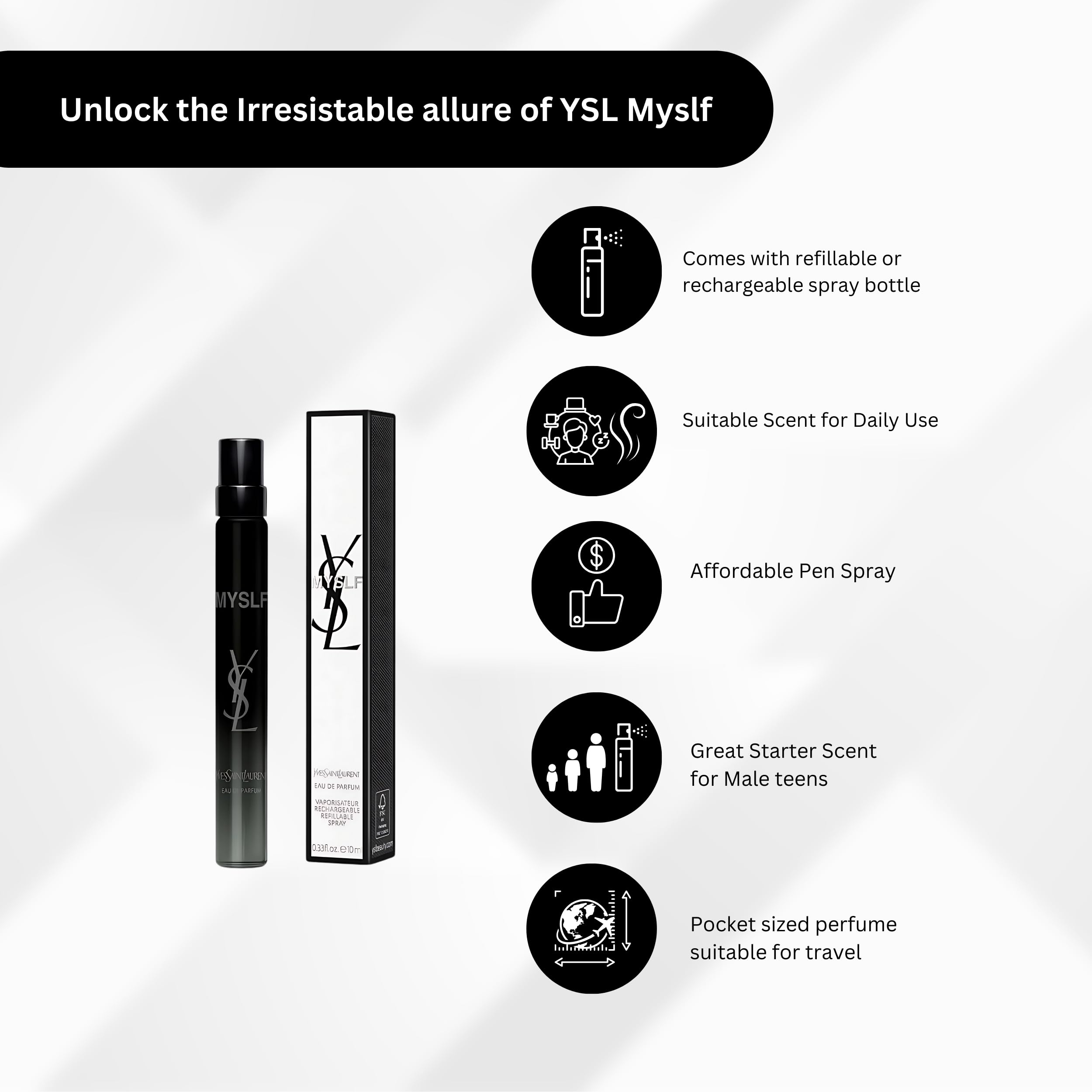 YSL MYSLF bottle detail highlighting logo and glass texture for elegant gifting.