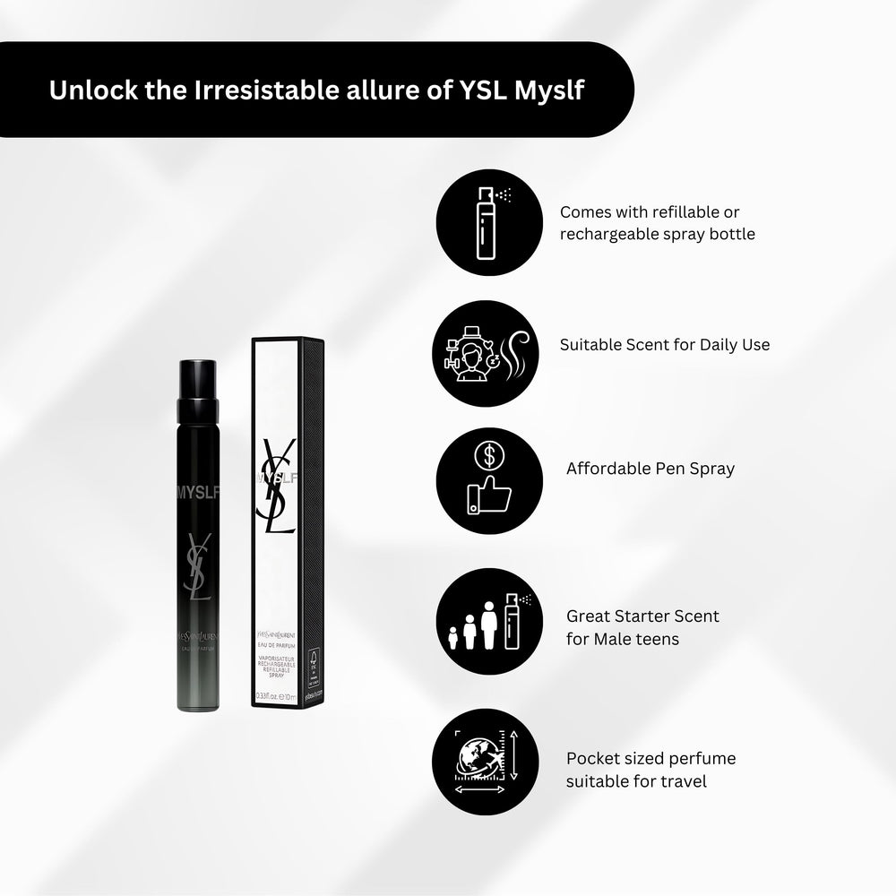 YSL MYSLF bottle detail highlighting logo and glass texture for elegant gifting.