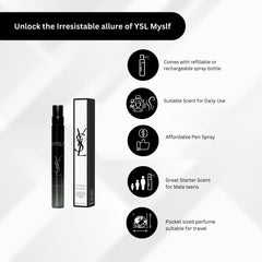 YSL MYSLF bottle detail highlighting logo and glass texture for elegant gifting.