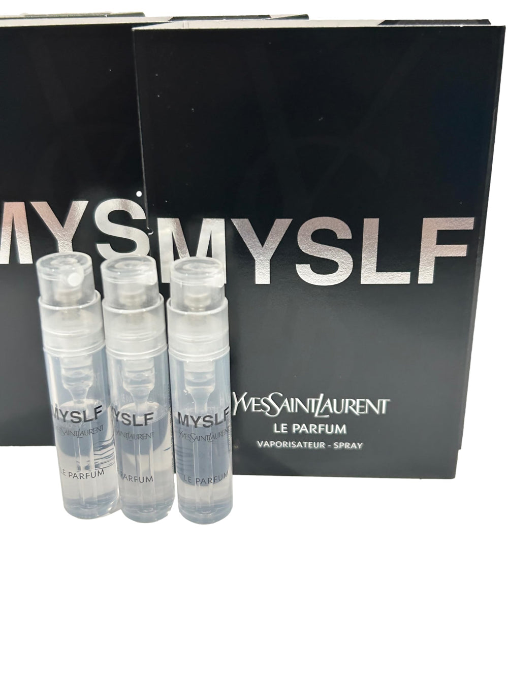 Three partially filled MYSLF Le Parfum vials ready for testing