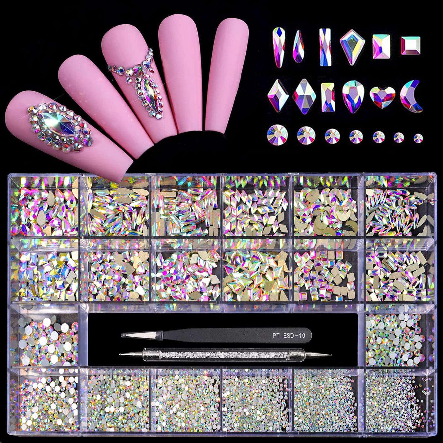 Yzzseven 12 types of 600 Crystal AB diamonds for versatile nail art and crafts.