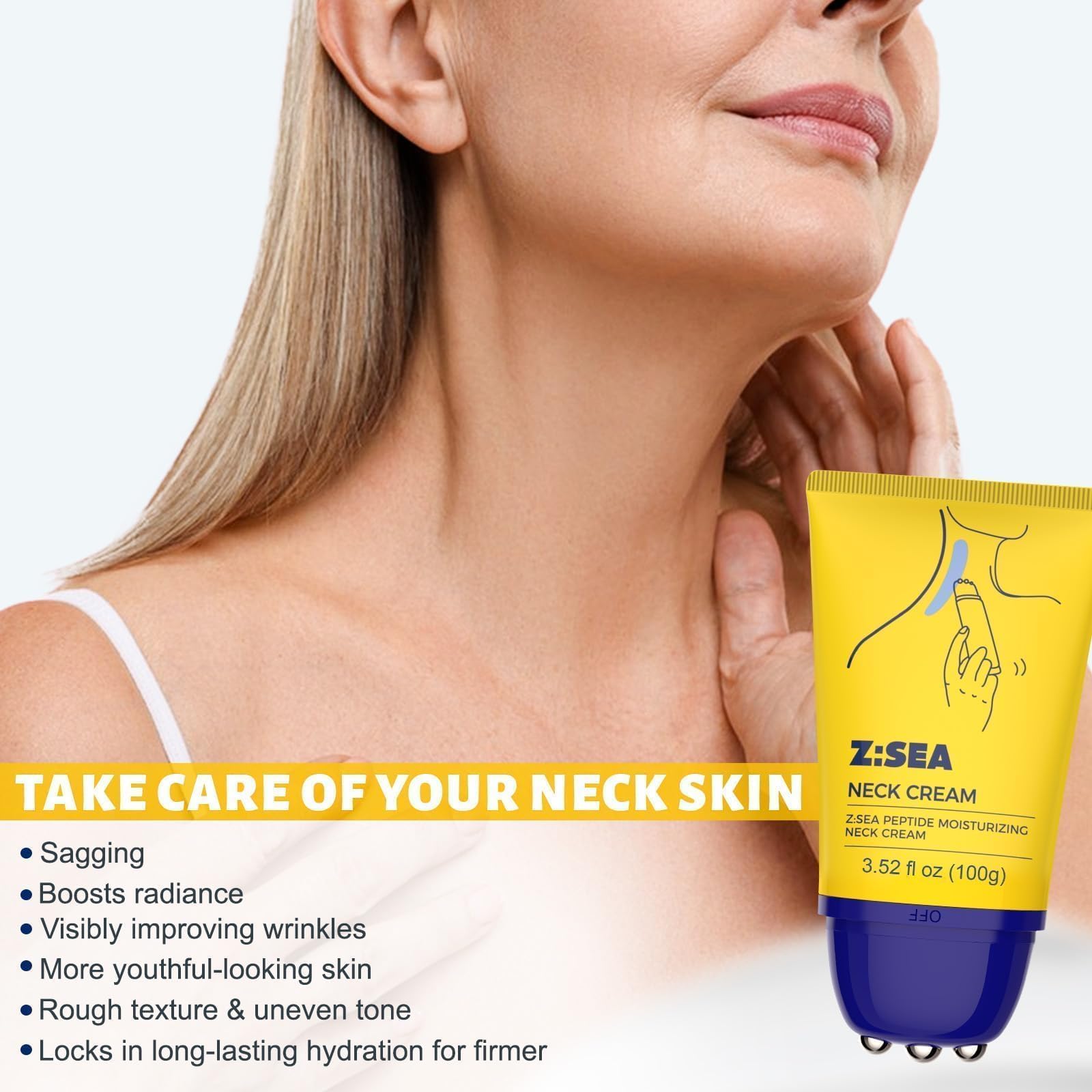 Z:SEA multi-peptide collagen formula helps firm neck texture.