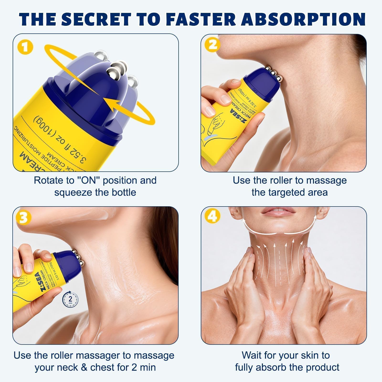 Z:SEA neck application upward massage illustrates lifting motion for defined neck.