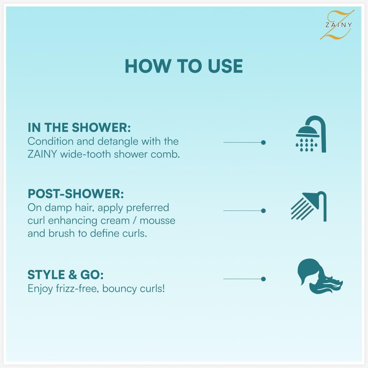 ZAINY curved curling brush and detangler combo ideal for shower routines.