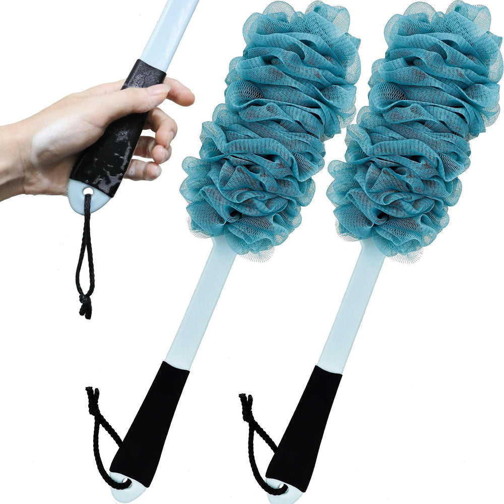 ZAIOUS back scrubber with long blue handle for easy back cleaning.