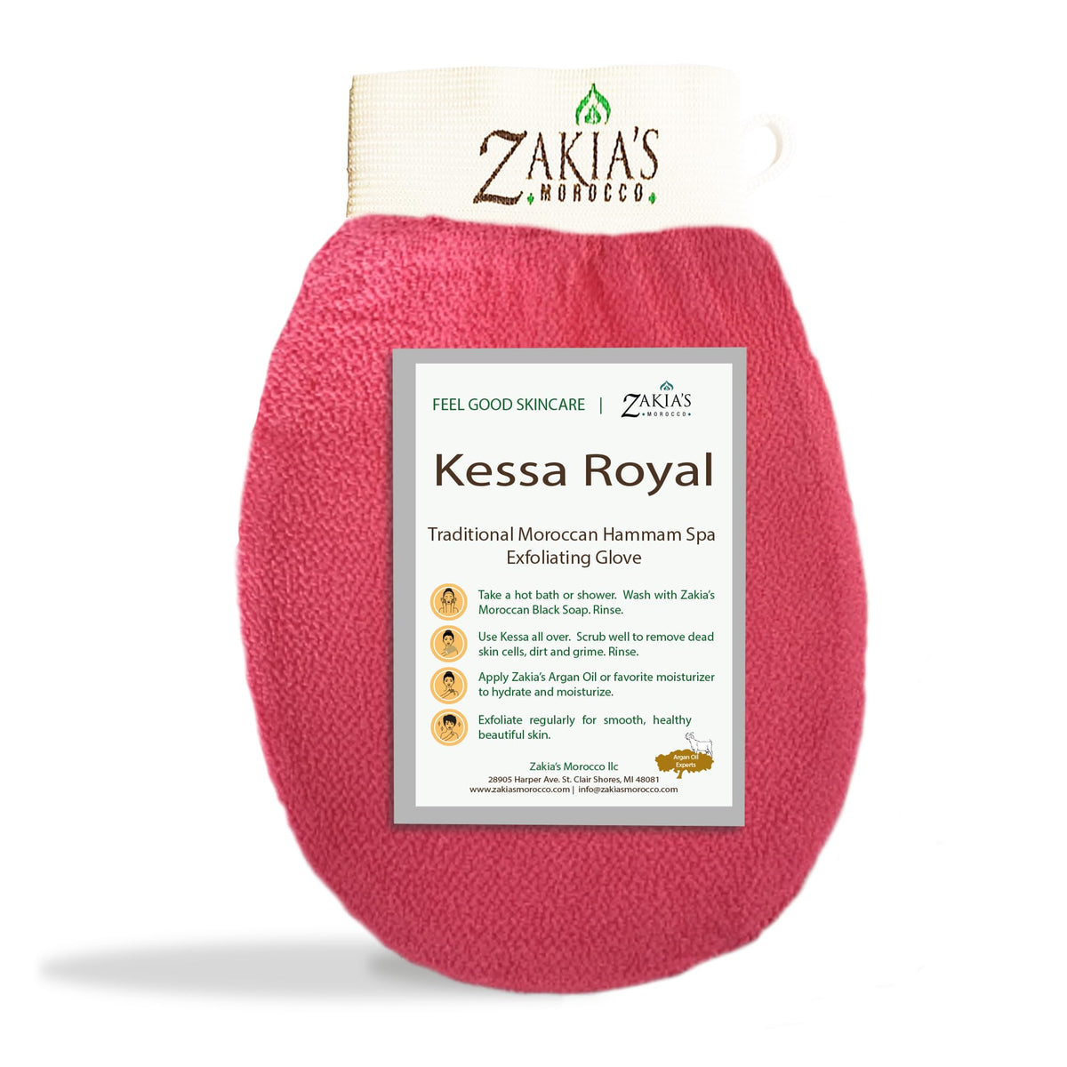 Zakia's Morocco guante Kessa Original Rosa Vivo, frente, exfoliación suave