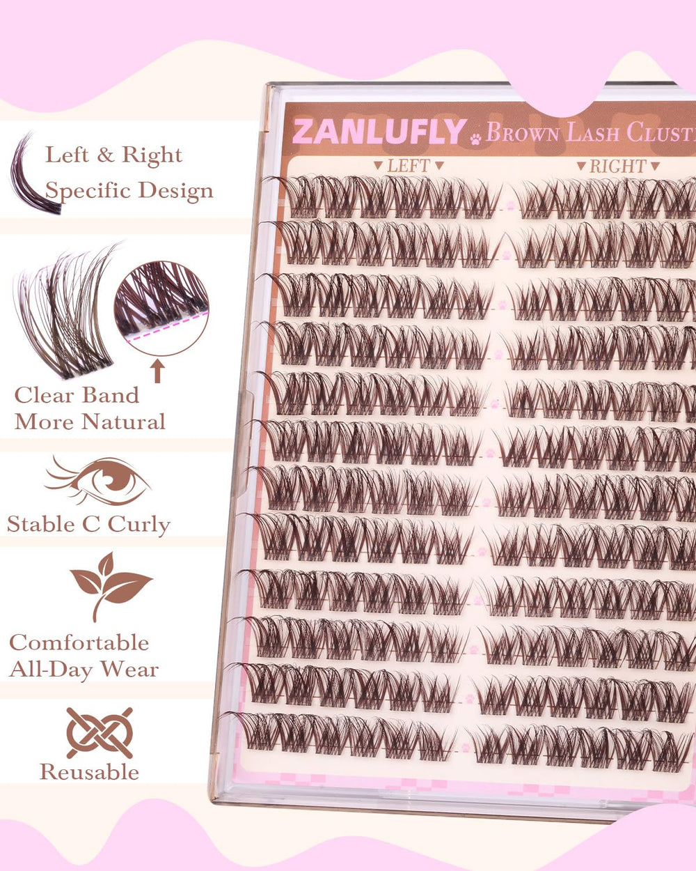 Zanlufly brown lash clusters 10mm length for versatile styling options.