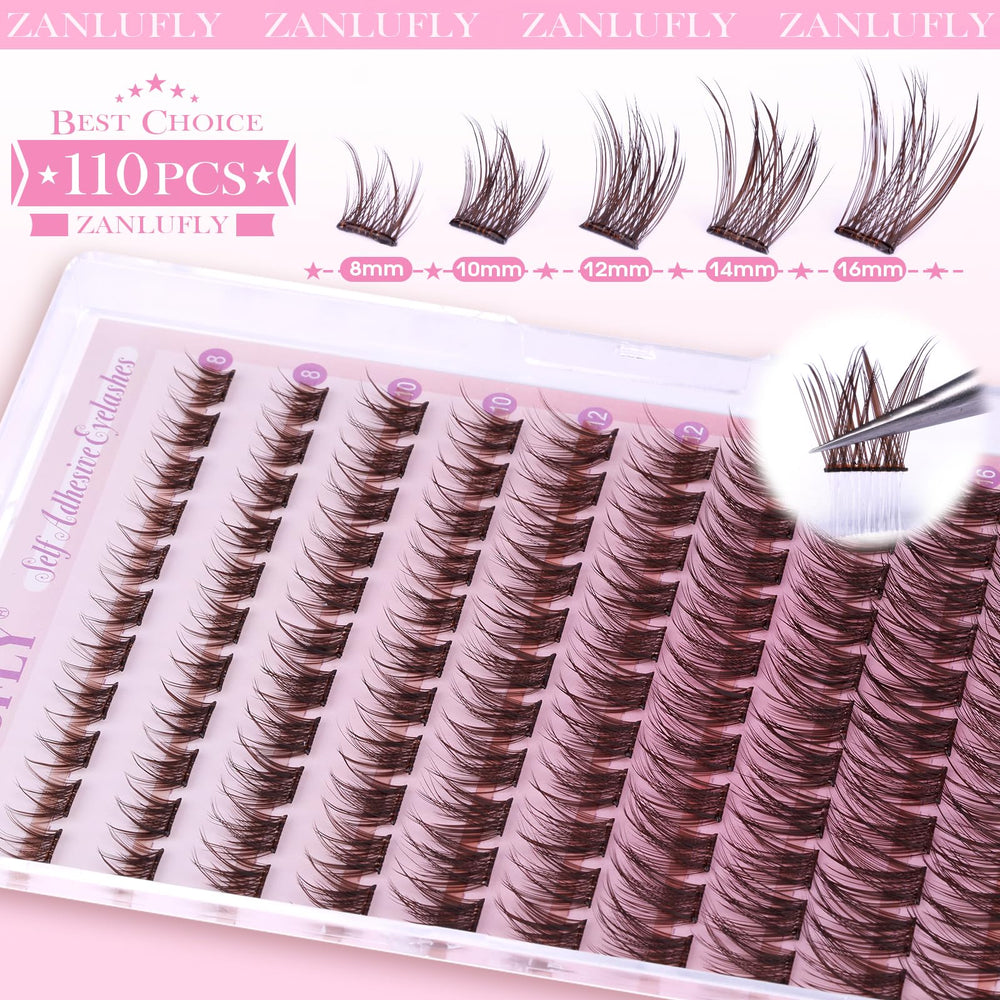 ZANLUFLY brown self-adhesive lashes 12mm blends with natural lashes for everyday glam.