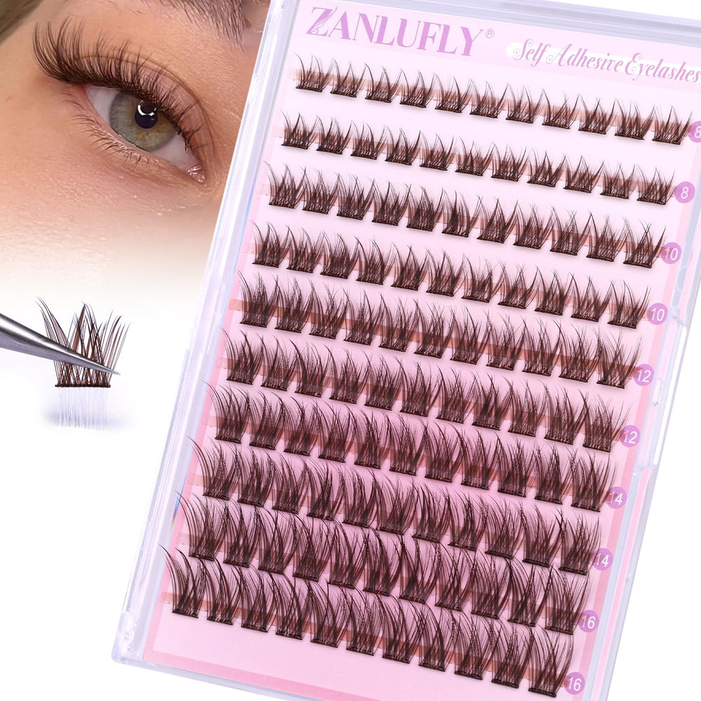 ZANLUFLY brown self-adhesive lashes 8mm for natural daytime enhancement.