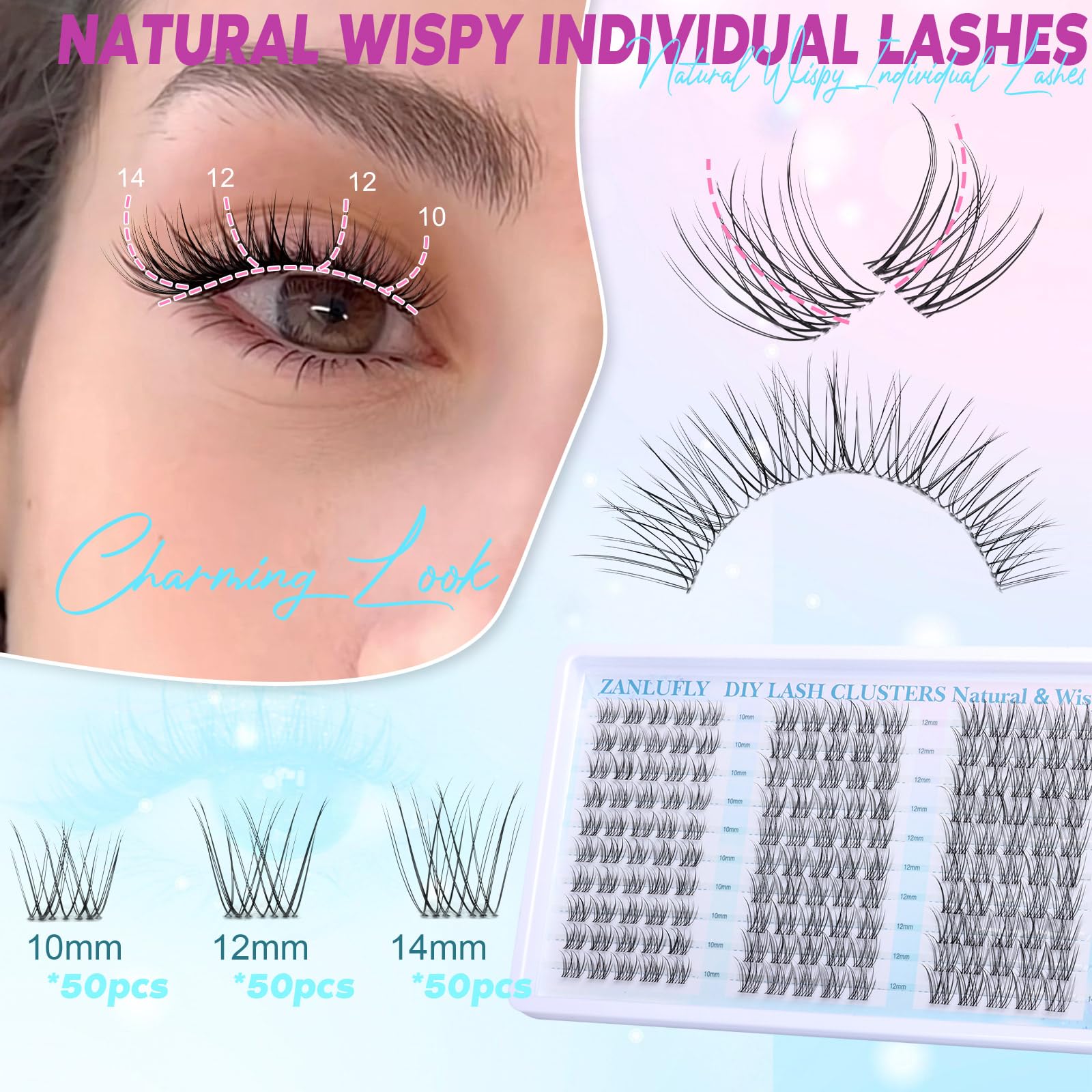 Zanlufly DIY lash styles 10-14mm to create cat eye, open eye, or baby doll.