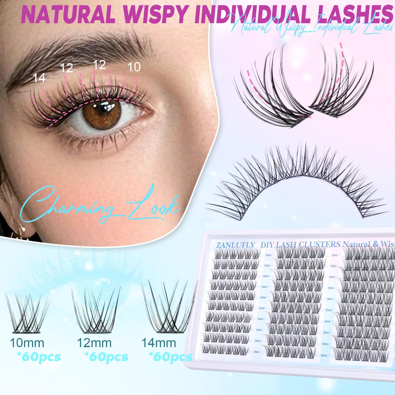 zanlufly lash clusters closeup with C-curly lift enhances eye openness