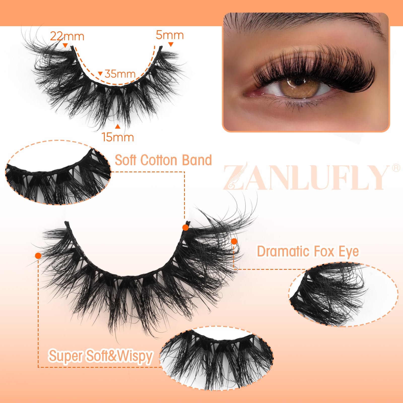 Zanlufly Mink Lashes Fox Eye creates dramatic length with natural finish.