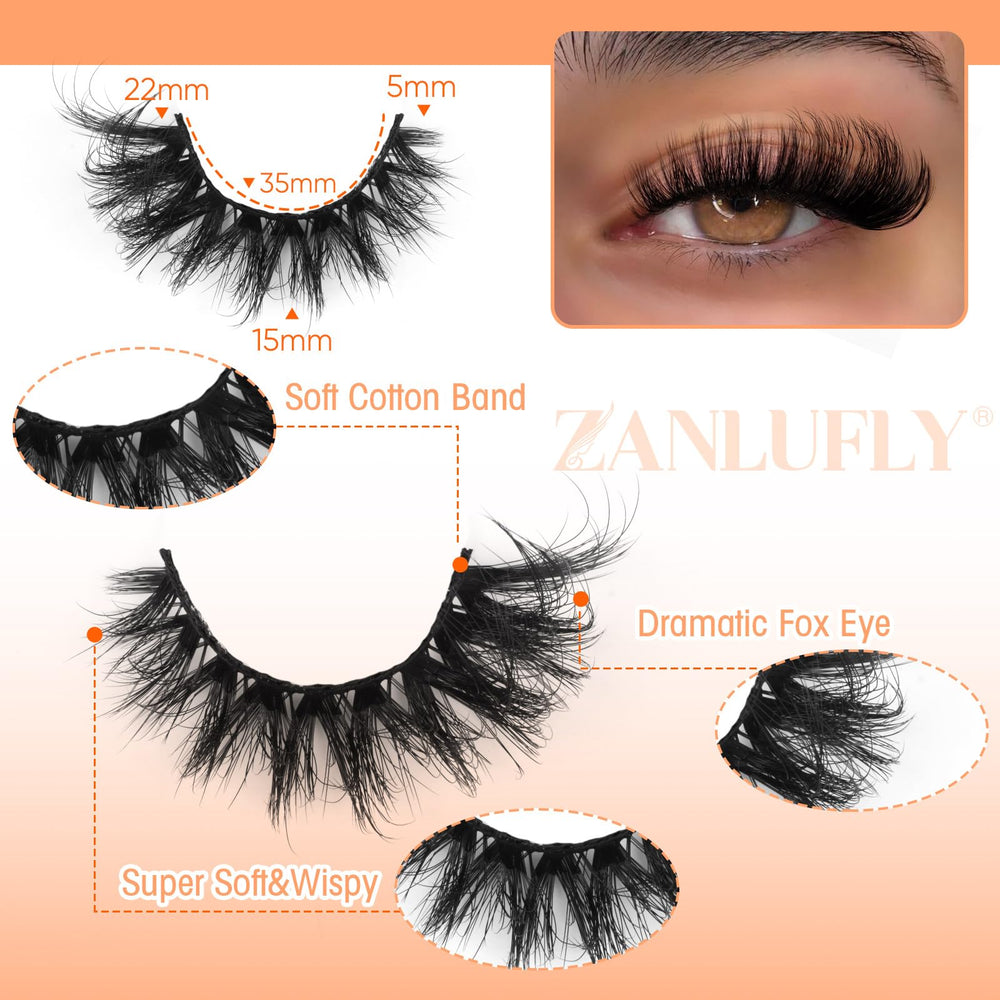 Zanlufly Mink Lashes Fox Eye creates dramatic length with natural finish.
