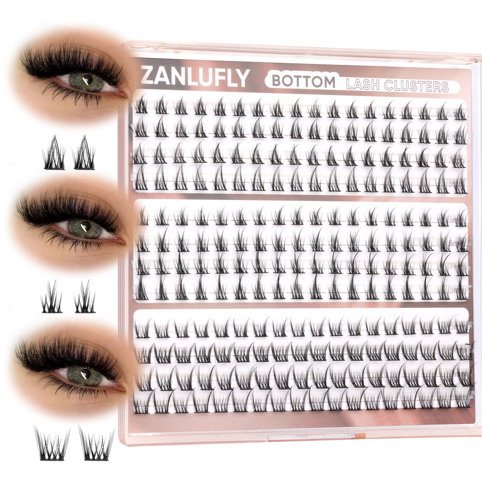 ZANLUFLY natural lower lashes in three styles for 5–8mm lengths, lightweight fit