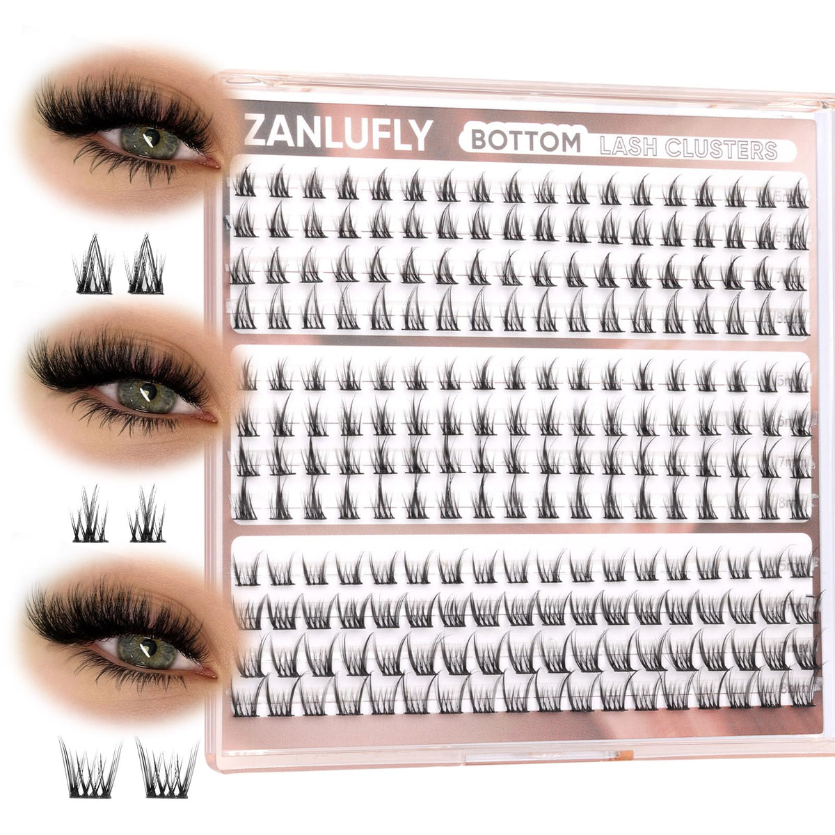 ZANLUFLY natural lower lashes in three styles for 5–8mm lengths, lightweight fit