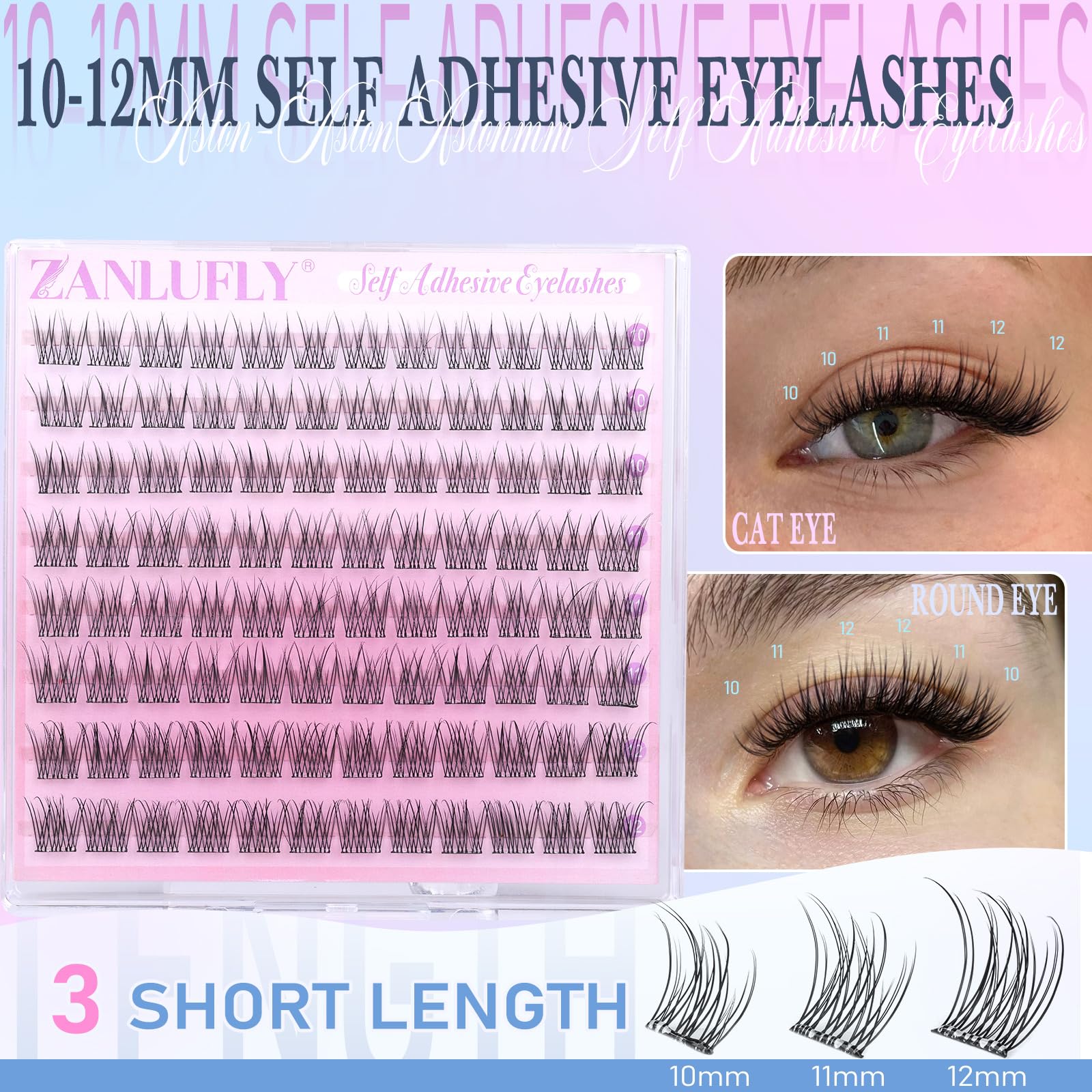 ZANLUFLY self adhesive lash clusters 12mm close up for wispy finish