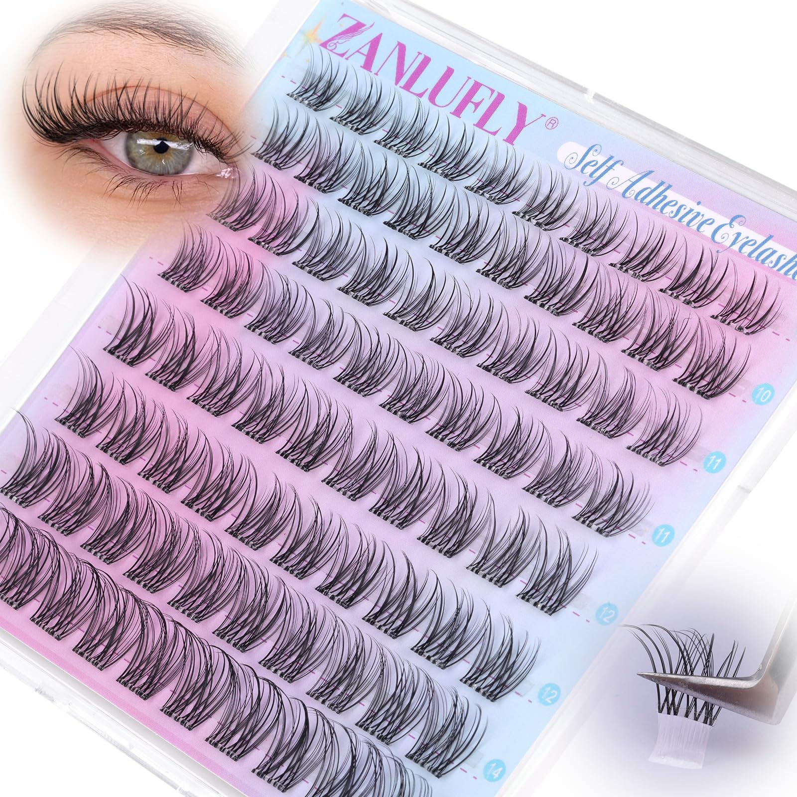 Zanlufly self-adhesive lash clusters closeup showing natural volume.
