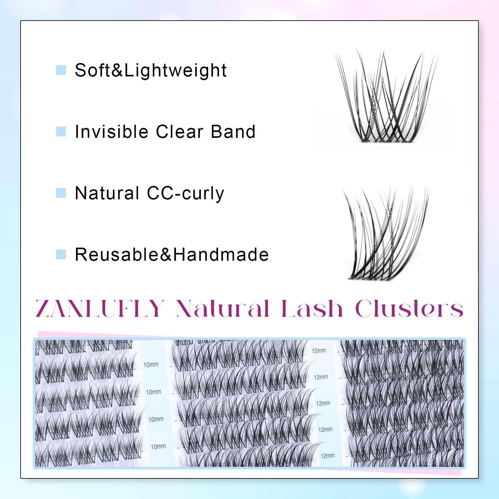 Zanlufly soft cotton-band lash clusters for comfortable all-day wear.