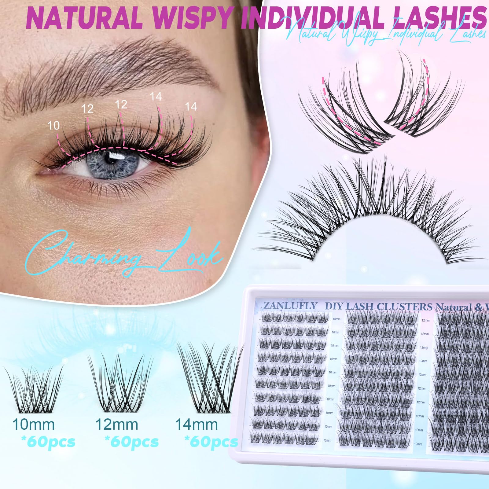 Zanlufly wispy cluster lashes 12mm fuller daytime appearance.