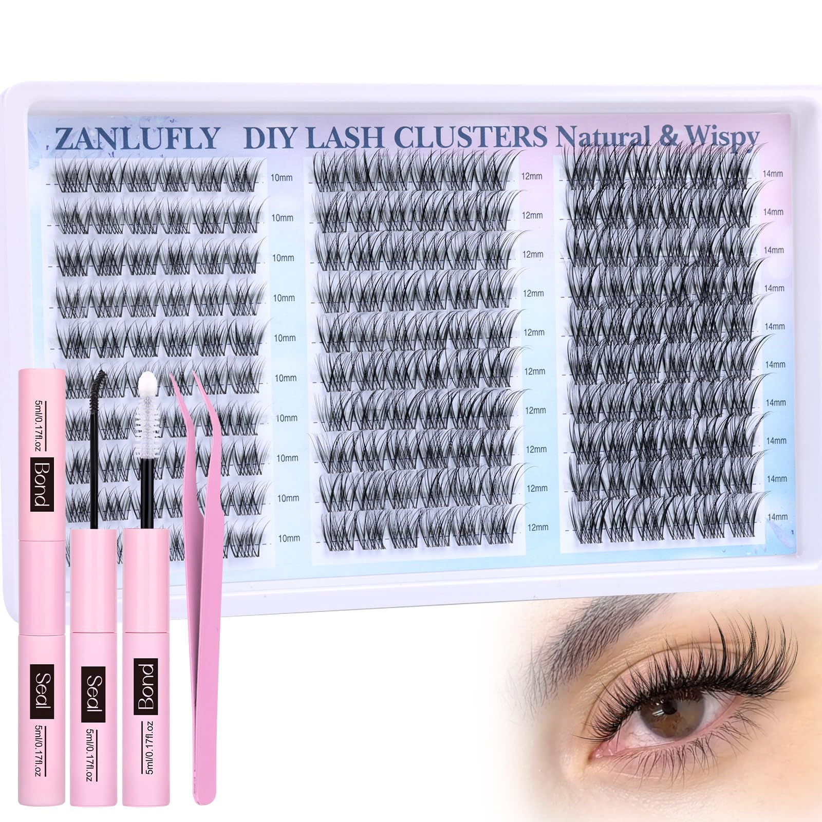 Zanlufly wispy lash clusters kit tray showing natural, customizable look at home.