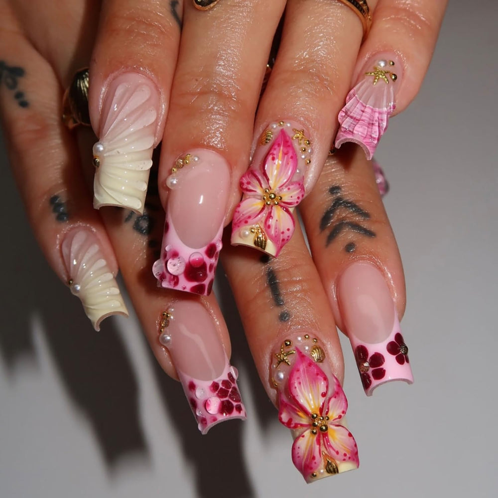 ZASKHLD floral press-on nails with pearl rhinestones for quick at-home glamour