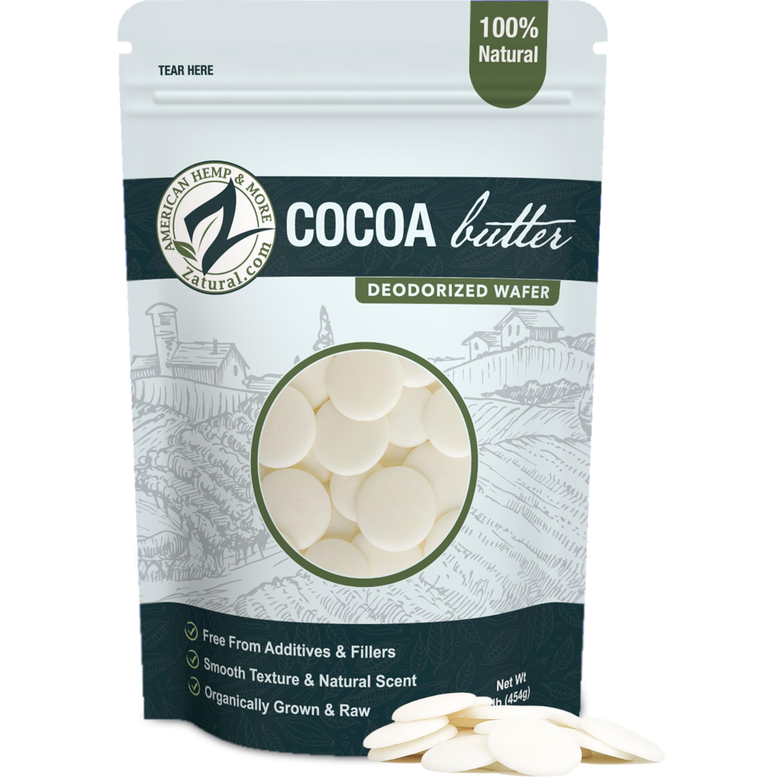 Zatural Raw Cocoa Butter Wafers Deodorized packaging shown for bulk storage