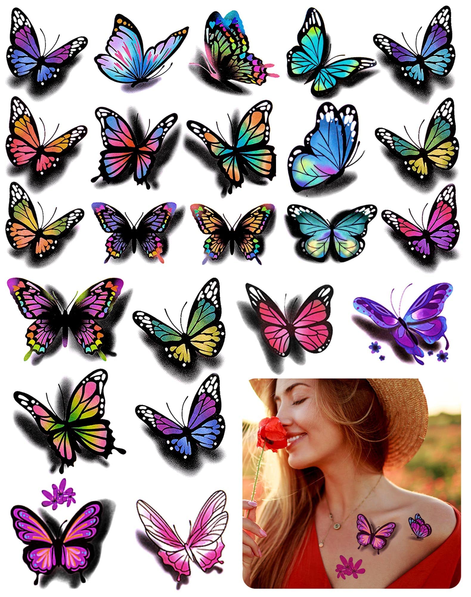 ZAUGONTW tatuajes temporales 3D mariposas, colores vibrantes para brazos.
