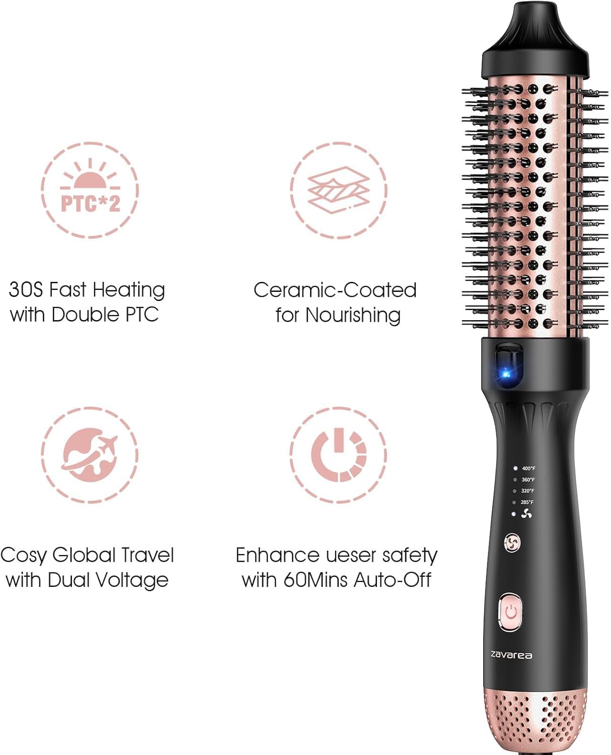 ZAVAREA Dual voltage design shown for travel readiness.
