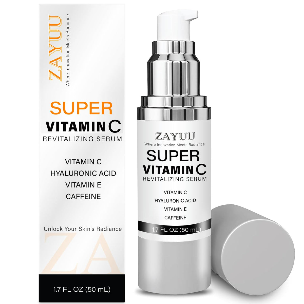 ZAYUU serum vitamina C, botella resaltando hidratación profunda en la piel