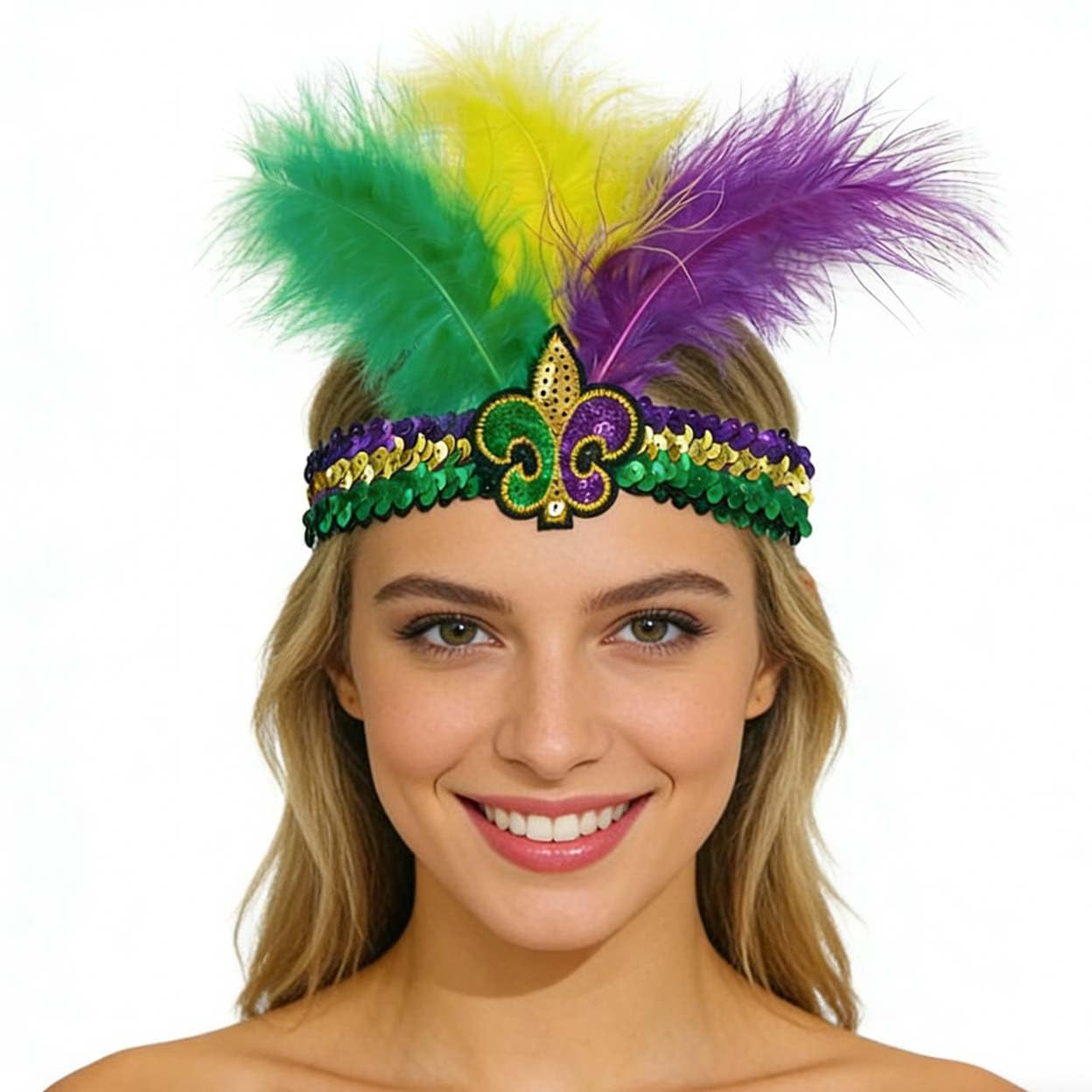 Diadema ZCYYYS Mardi Gras con plumas multicolor y lentejuelas para fiesta
