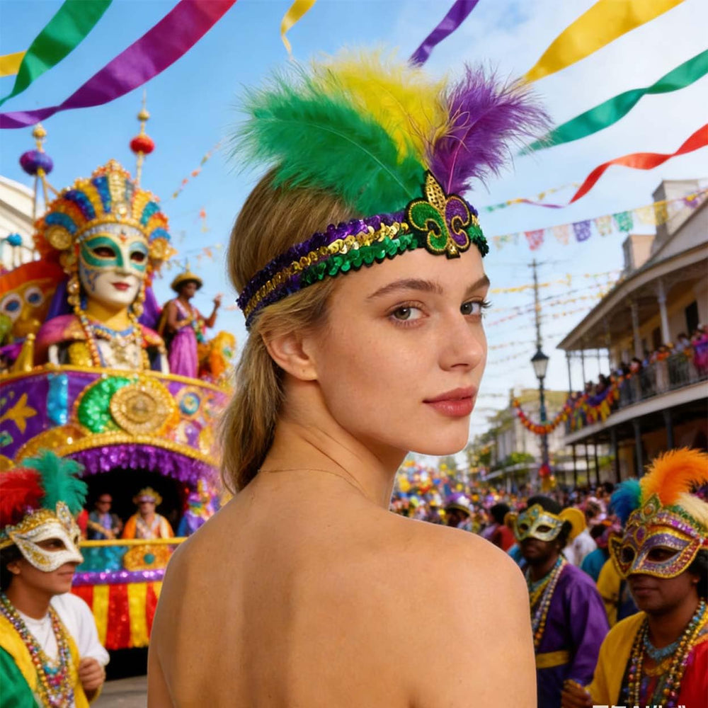 Diadema ZCYYYS Mardi Gras con plumas purpuras para look festivo