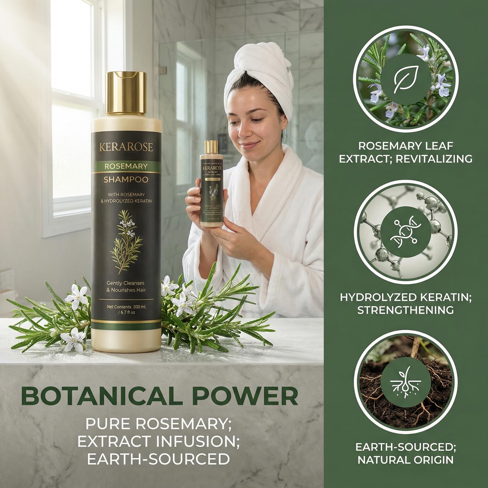 Zdiwond Kerarose Rosemary Shampoo hydrolyzed keratin peptides feature smoother, stronger hair