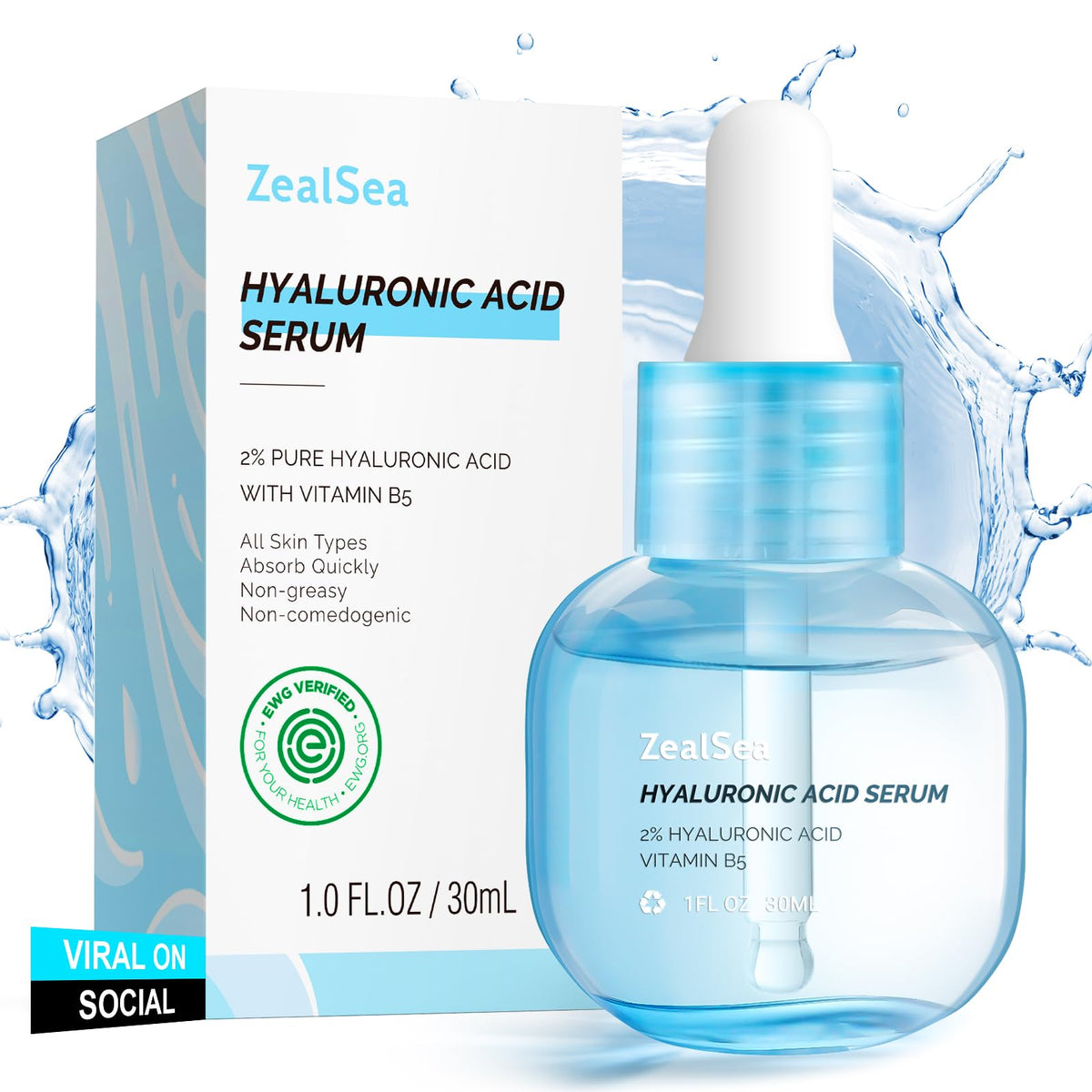 ZealSea Serum hialurónico, botella de 1 oz, hidratación intensa para piel tersa y suave.