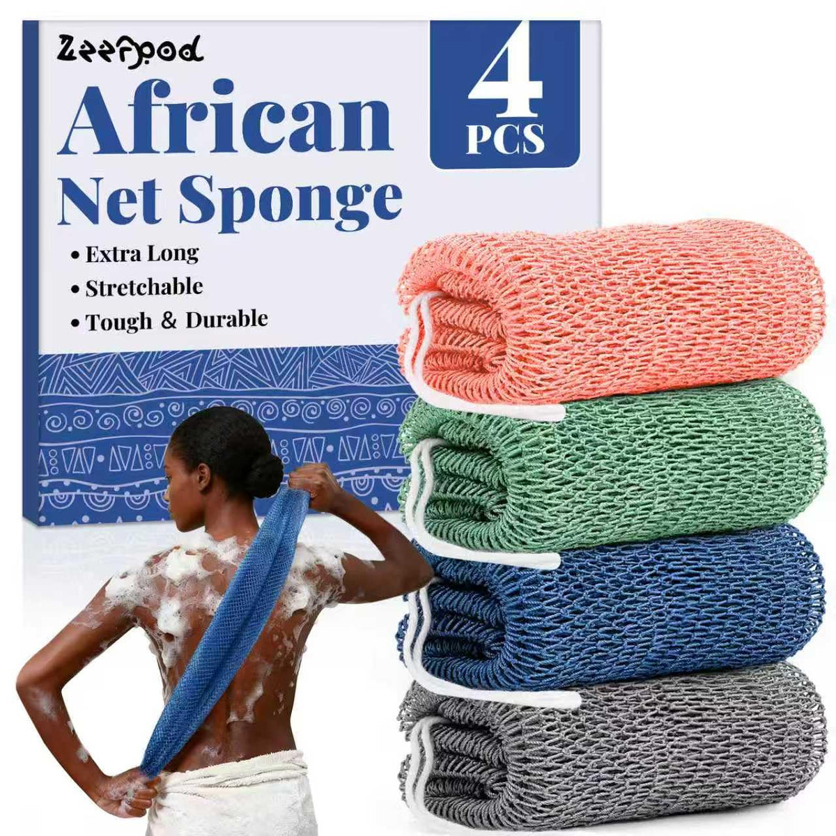 Zeefpod African net sponge back-reach 42inch for full-body exfoliation