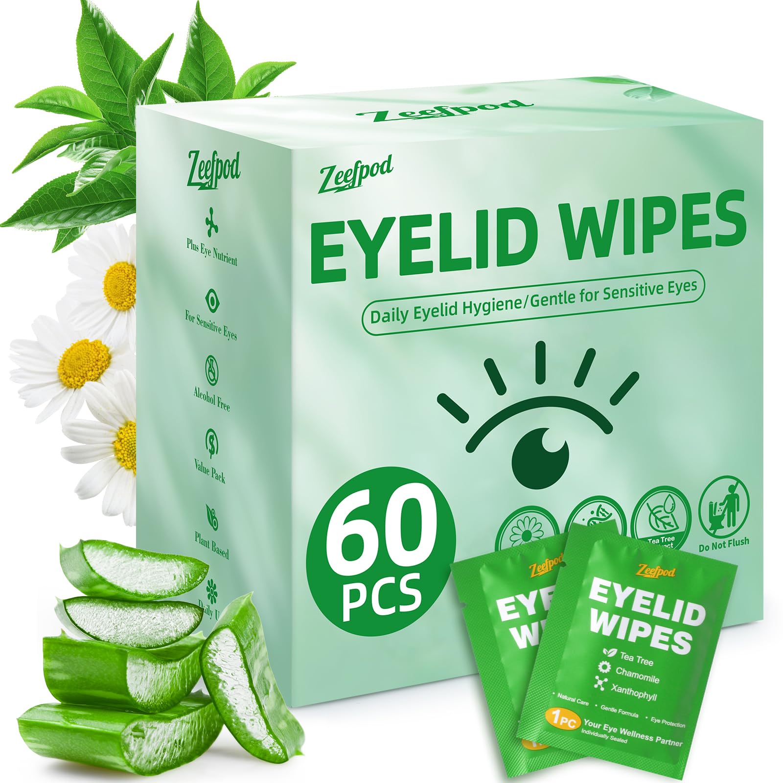 Zeefpod Tea Tree Eyelid Wipes packaging for easy travel and daily cleansing.