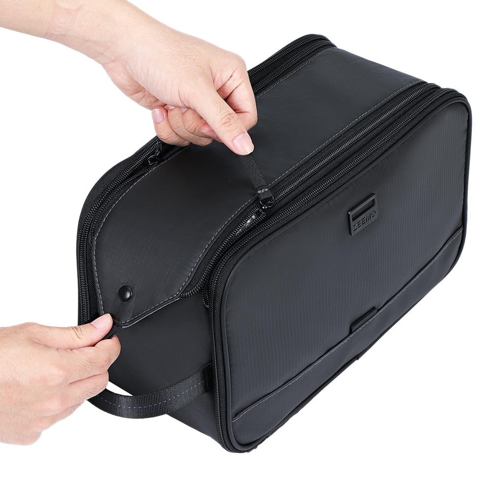 Spacious interior fits full-size bottles and shaving gear in ZEEMO bag.
