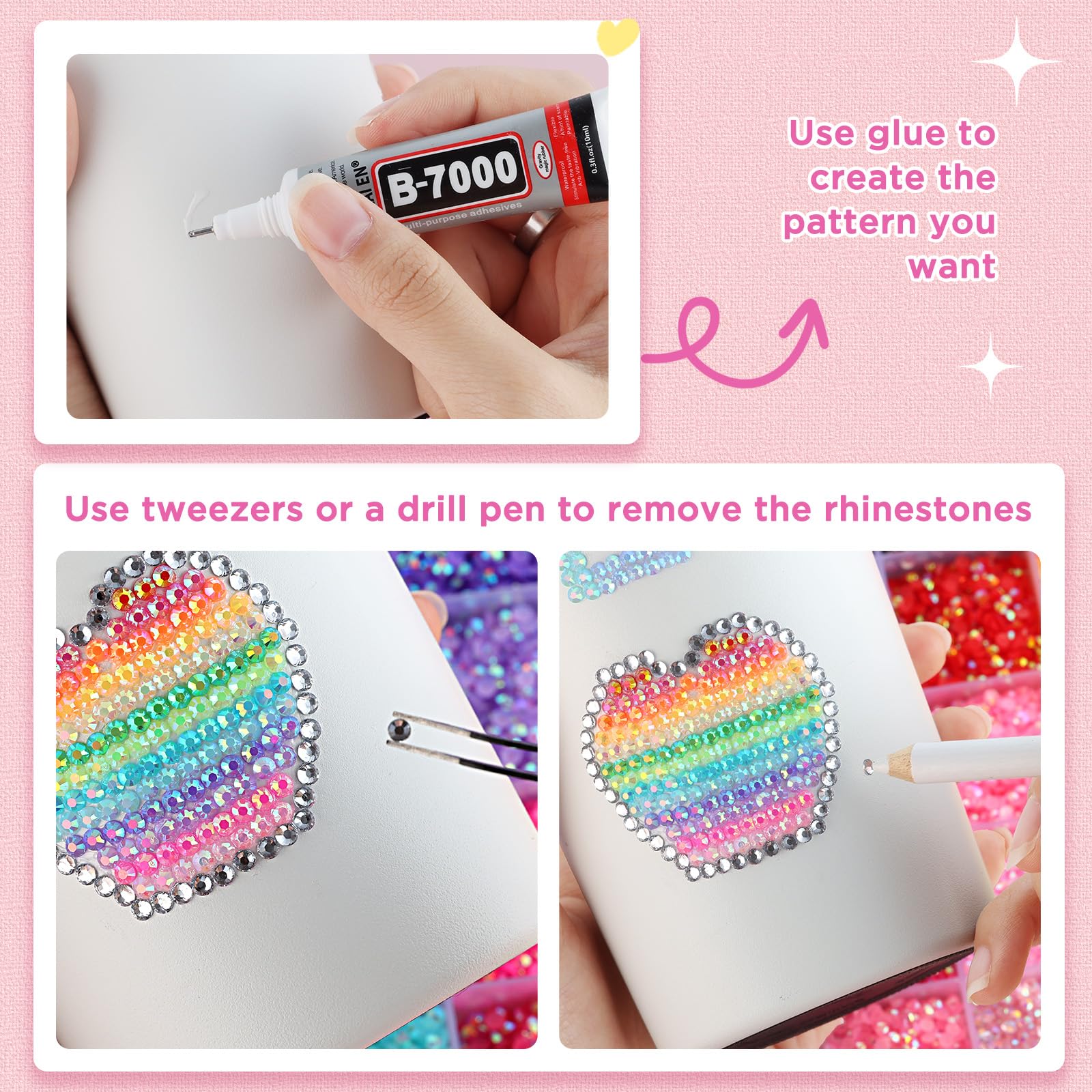 Zefy tweezer and pickup pen for precise placement of tiny gems.