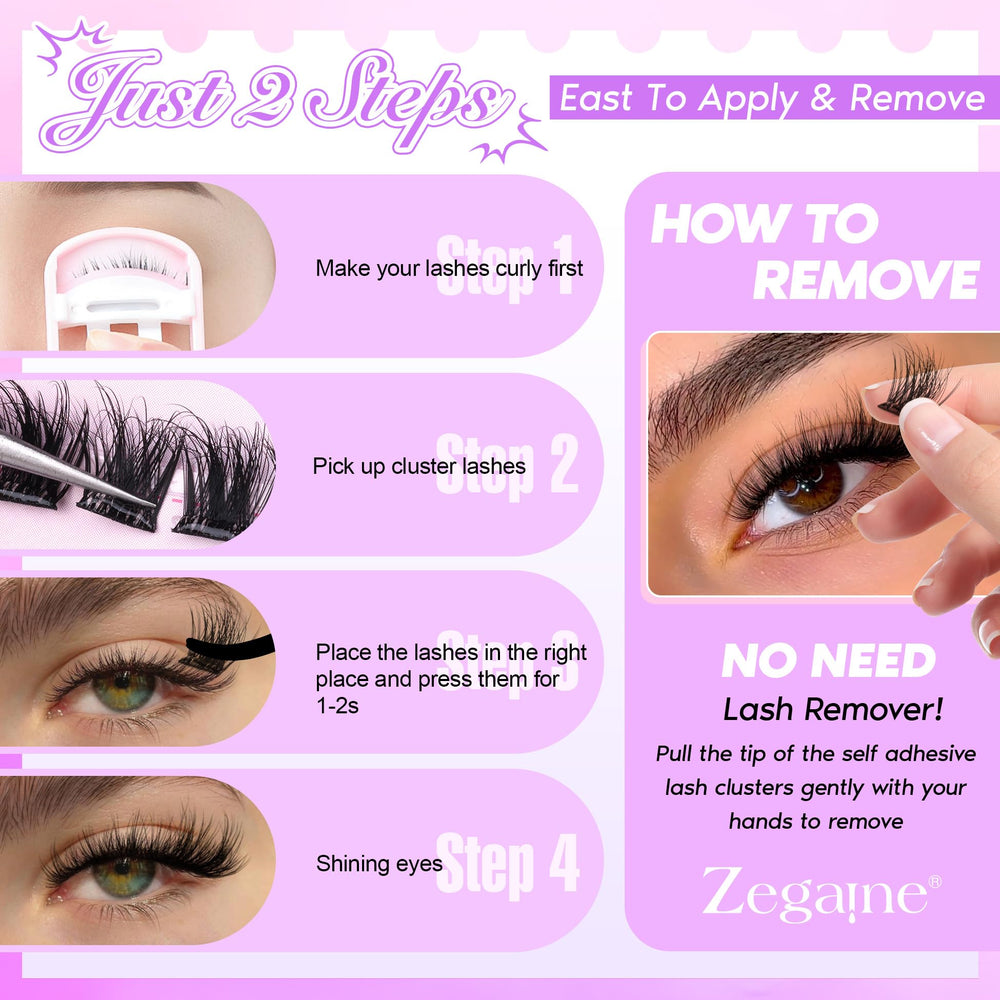 Zegaine application tips image shows using tweezers to place clusters.