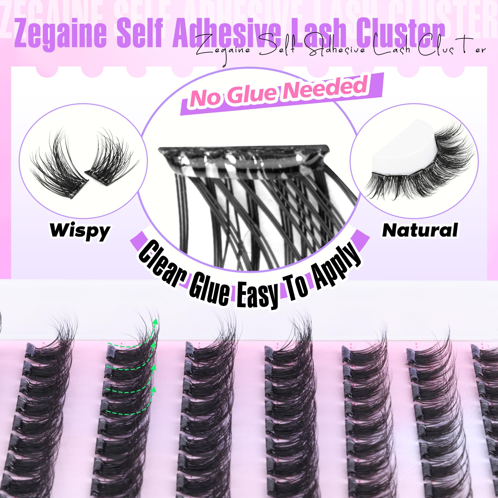 Zegaine C-curly lash clusters define eyes with subtle volume.