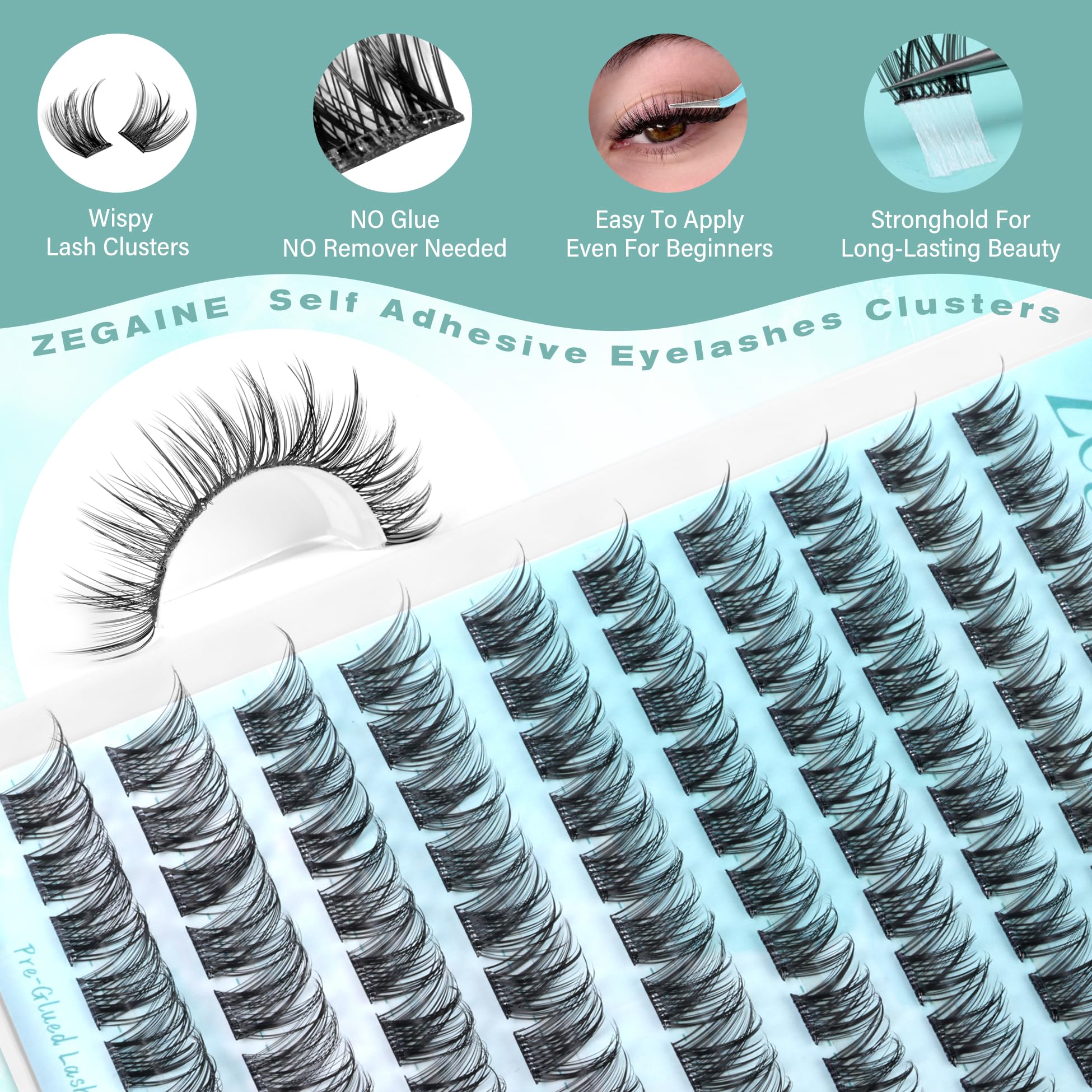 Zegaine wispy self-adhesive lashes lightweight fibers for all-day comfortable wear.