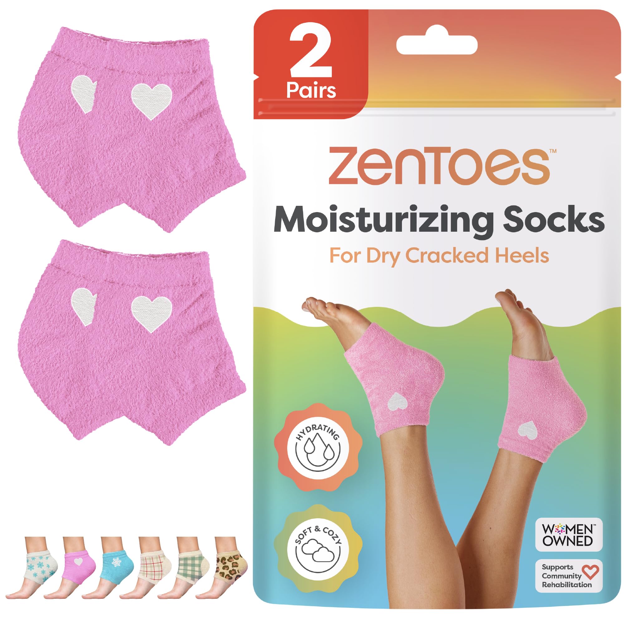 ZenToes calcetines hidratantes para talones rosas, suavizando la piel durante la noche.