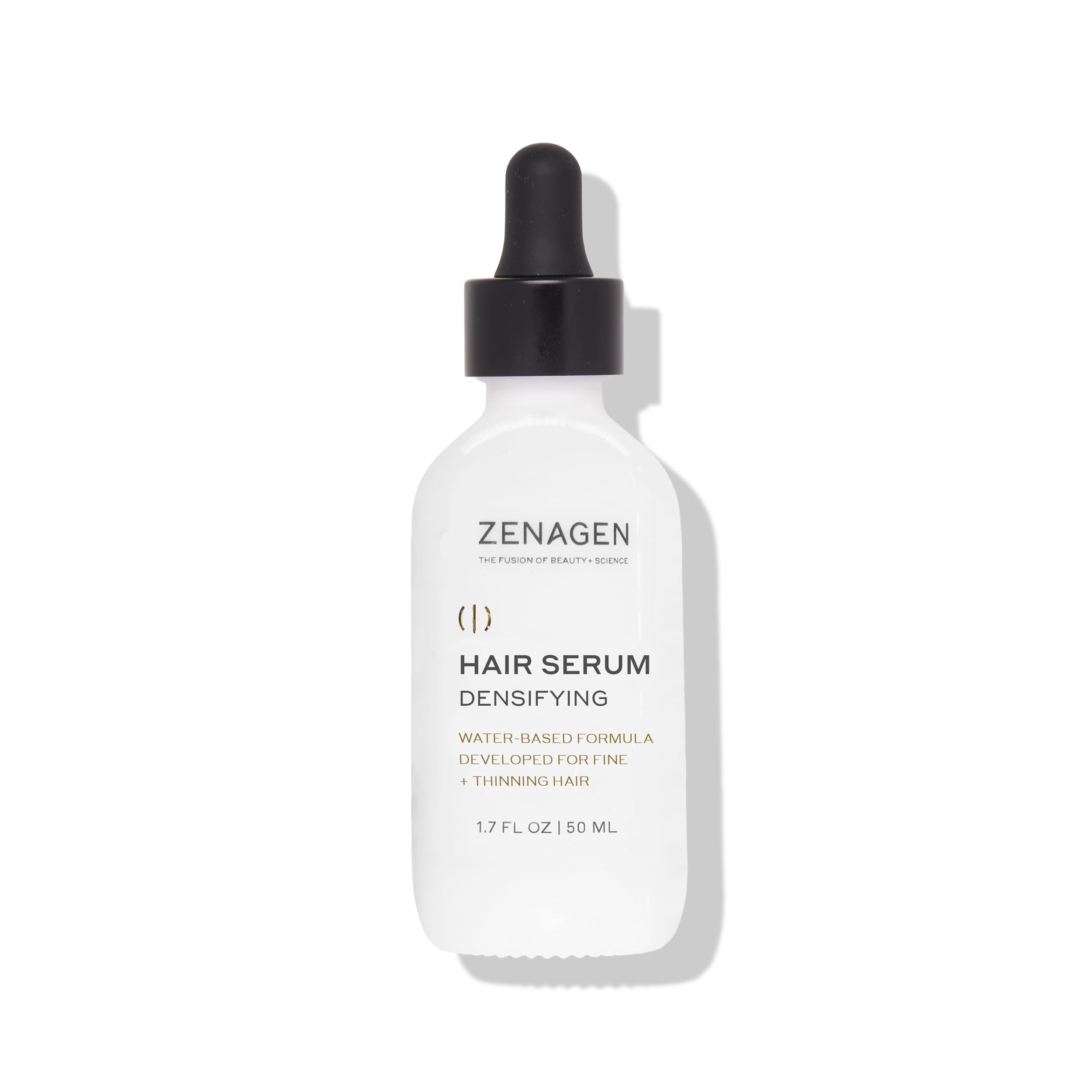 Zenagen Densifying Hair Serum bottle closeup, lightweight hydration for fine hair