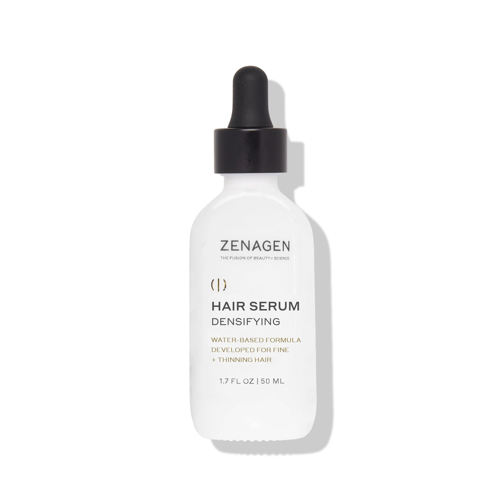 Zenagen Densifying Hair Serum bottle closeup, lightweight hydration for fine hair
