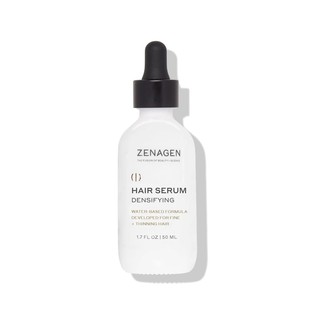 Zenagen Densifying Hair Serum bottle closeup, lightweight hydration for fine hair