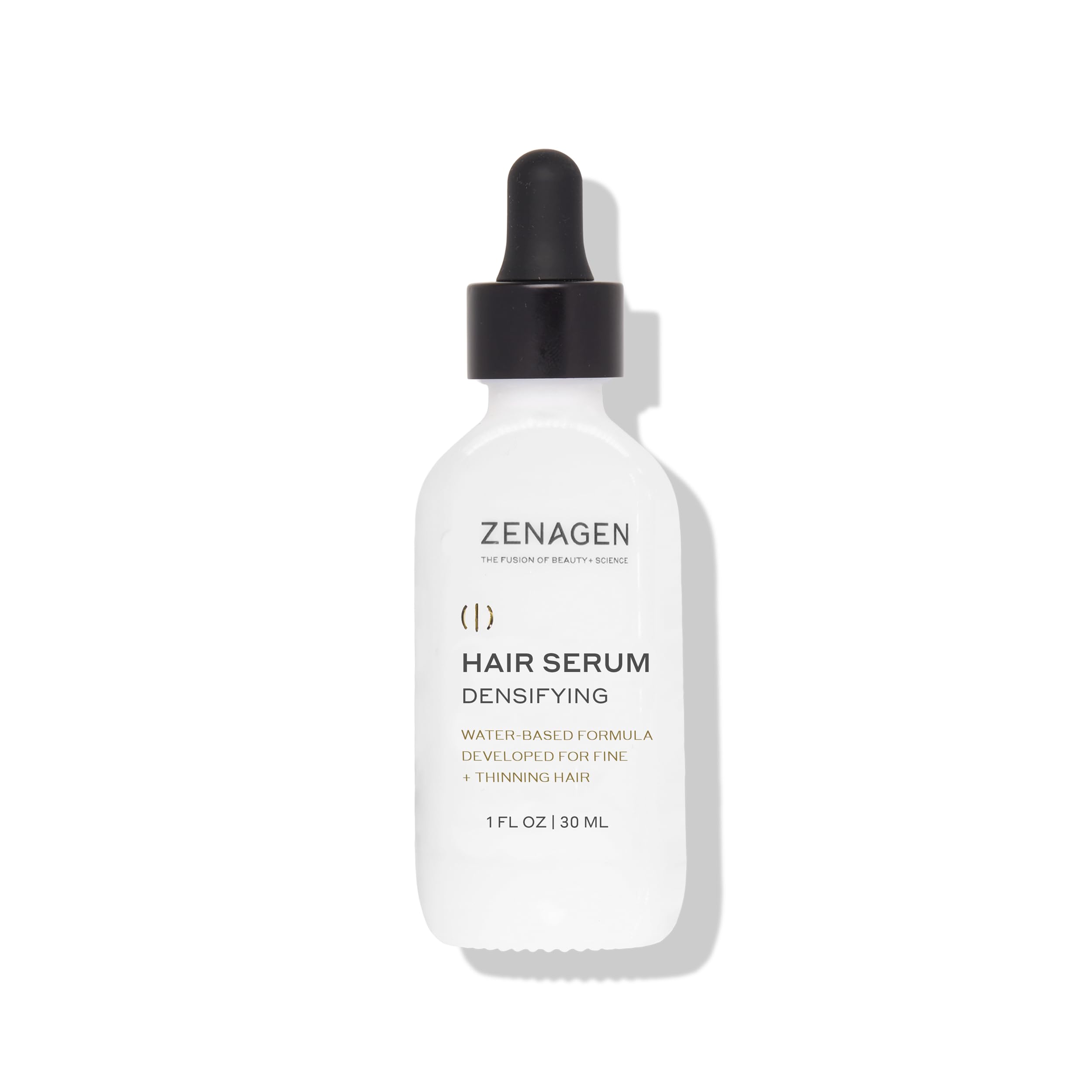 Zenagen Densifying Hair Serum bottle showing lightweight, non-greasy formula for all hair types.