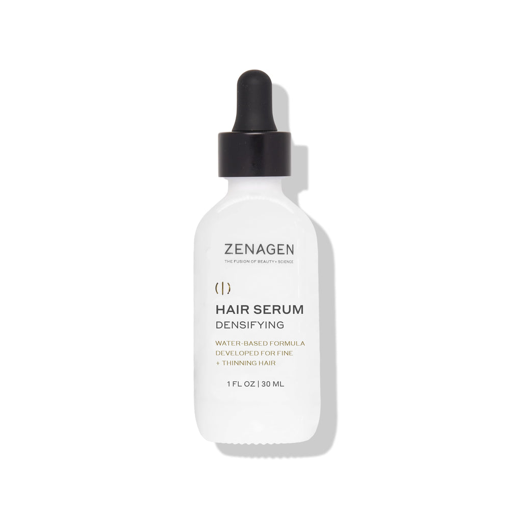 Zenagen Densifying Hair Serum bottle showing lightweight, non-greasy formula for all hair types.