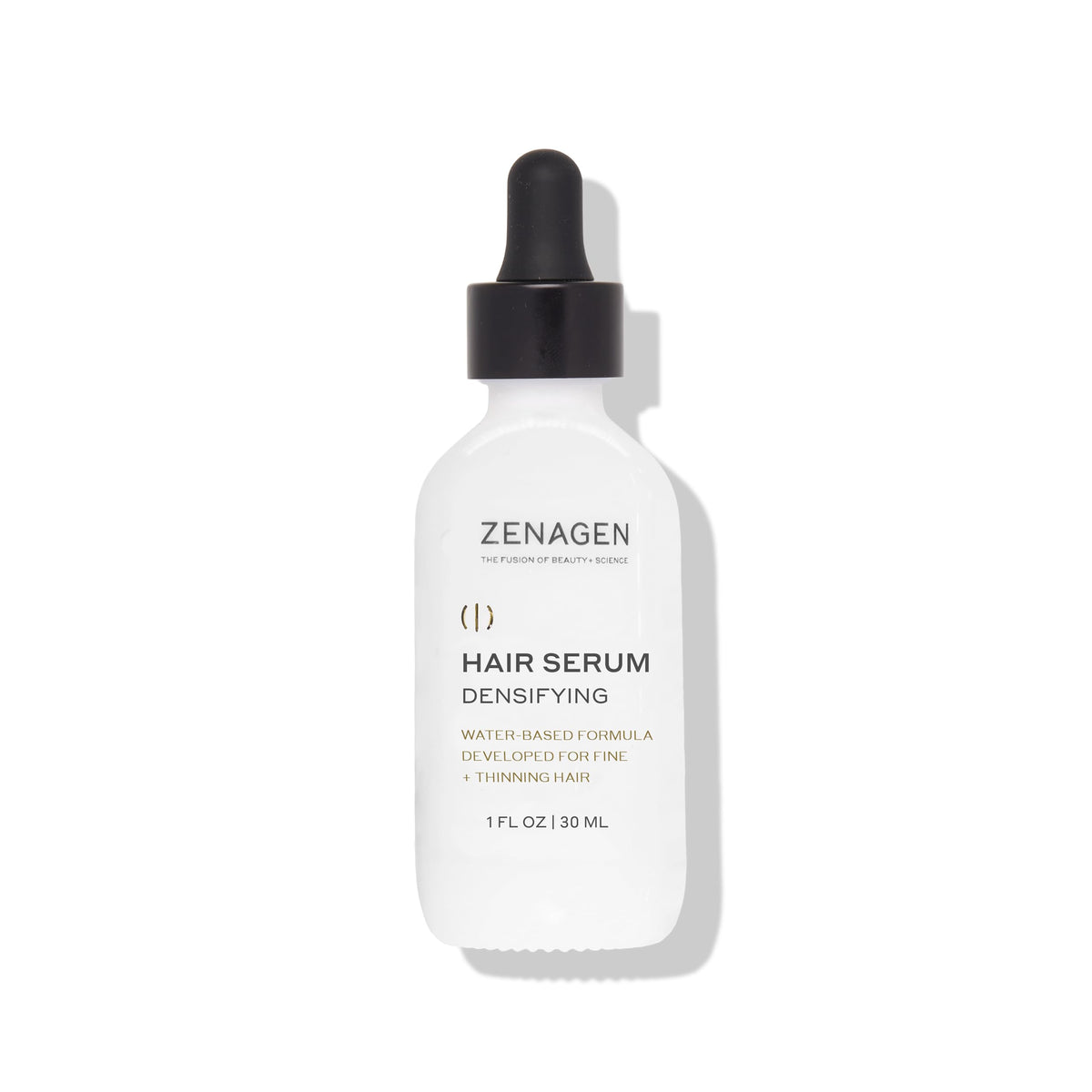 Zenagen Densifying Hair Serum bottle showing lightweight, non-greasy formula for all hair types.