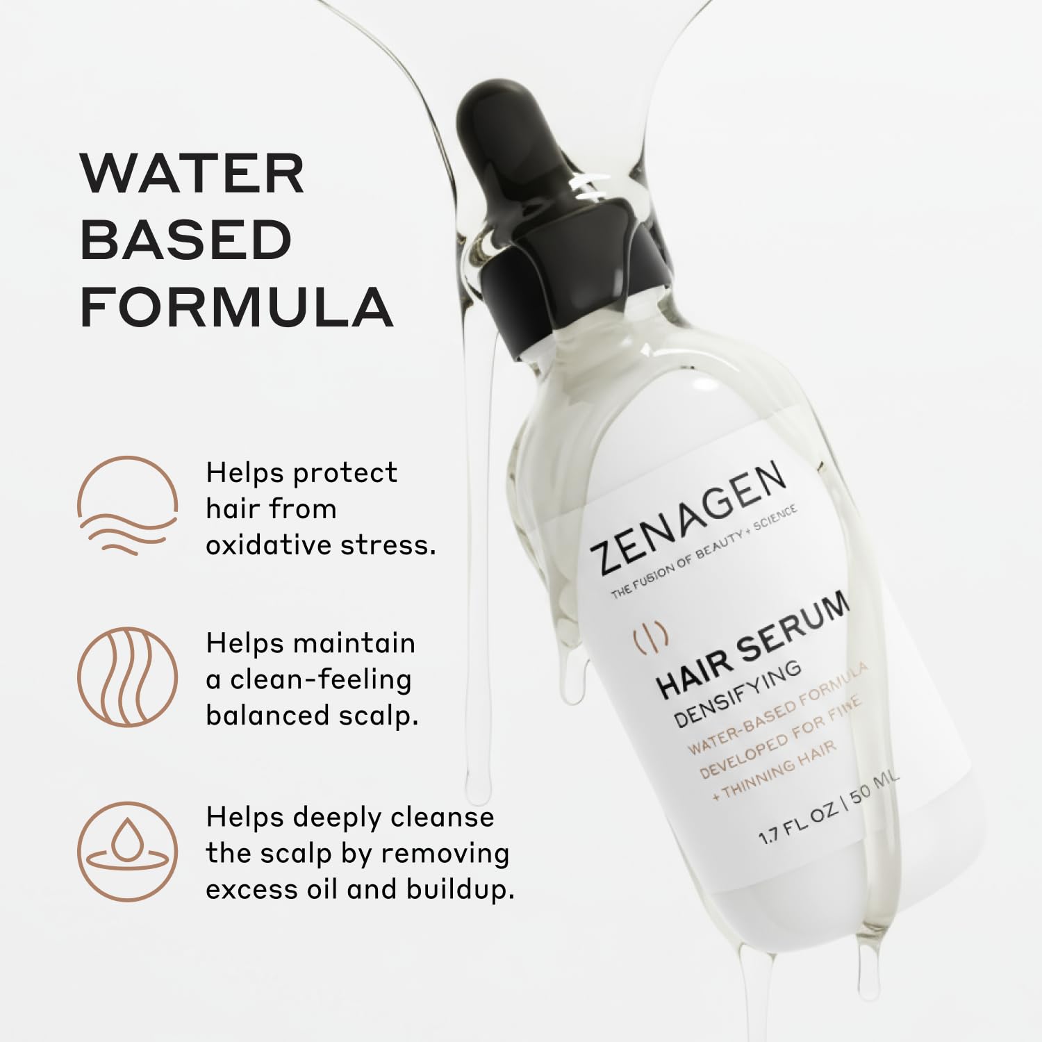 Zenagen Revolve serum dense hair closeup shows potential volumizing effect