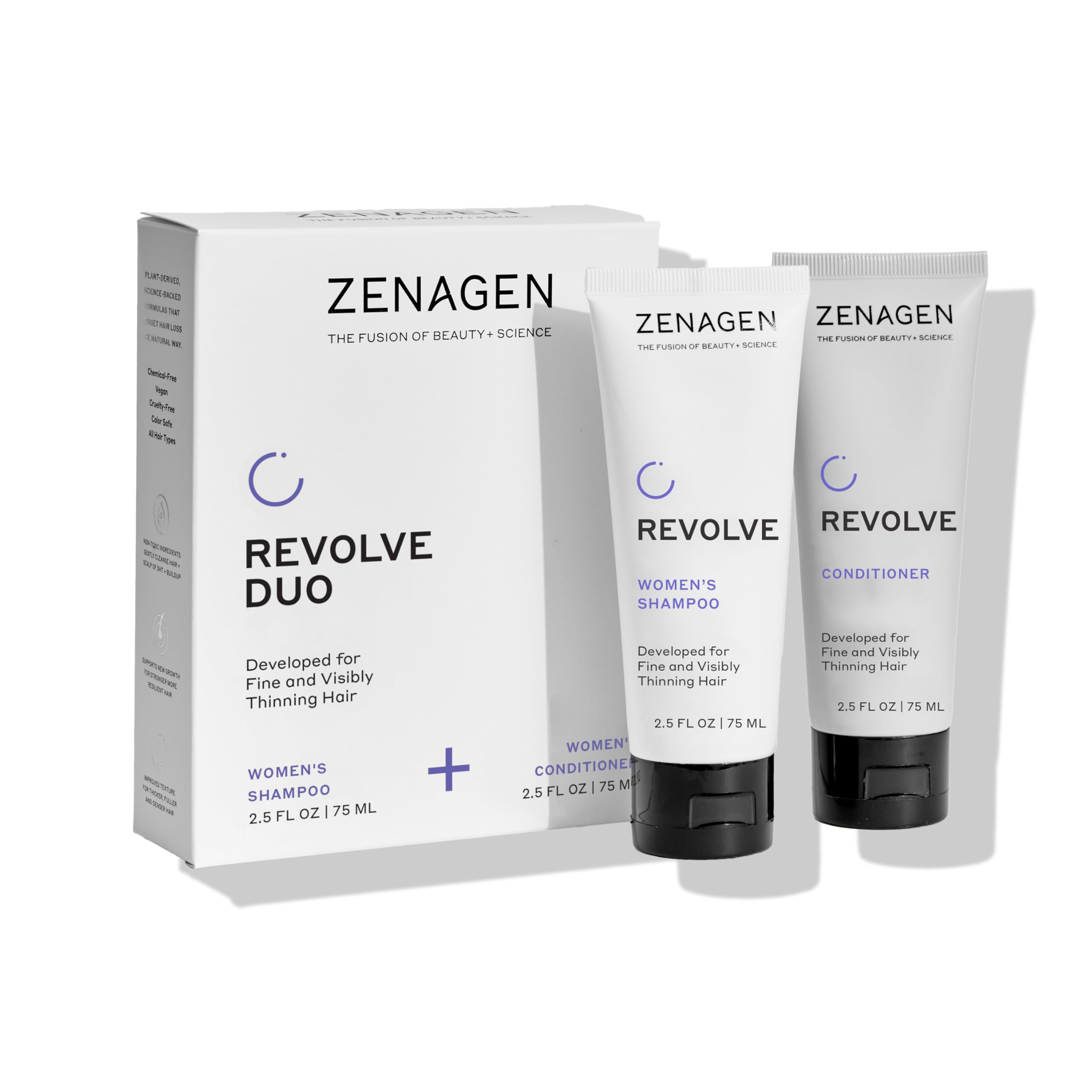 Zenagen Revolve travel shampoo bottle for fine hair, color-safe and plant-based