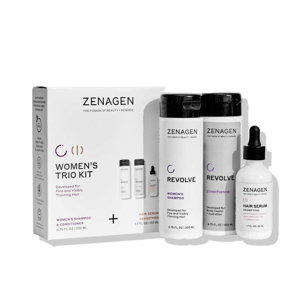 Zenagen Revolve Women's Shampoo bottle highlights a gentle cleanse for fine hair